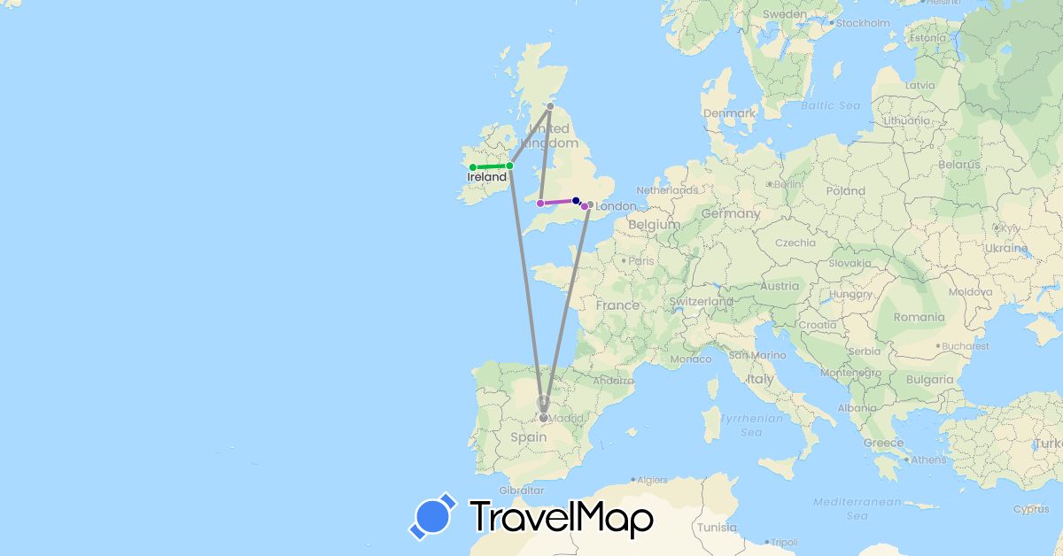 TravelMap itinerary: driving, bus, plane, train in Spain, United Kingdom, Ireland (Europe)