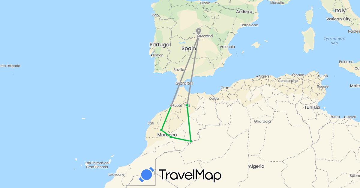 TravelMap itinerary: driving, bus, plane in Spain, Morocco (Africa, Europe)