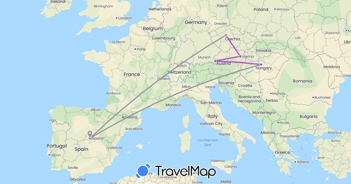 TravelMap itinerary: driving, plane, train in Austria, Czech Republic, Spain, Hungary (Europe)