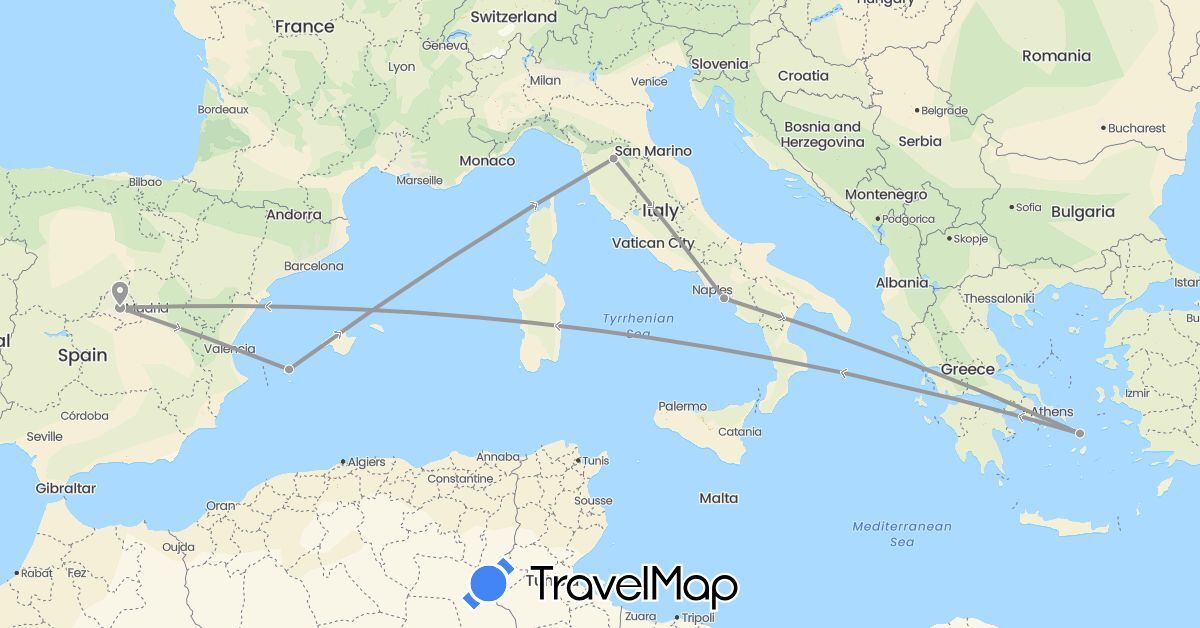 TravelMap itinerary: driving, plane in Spain, Greece, Italy (Europe)